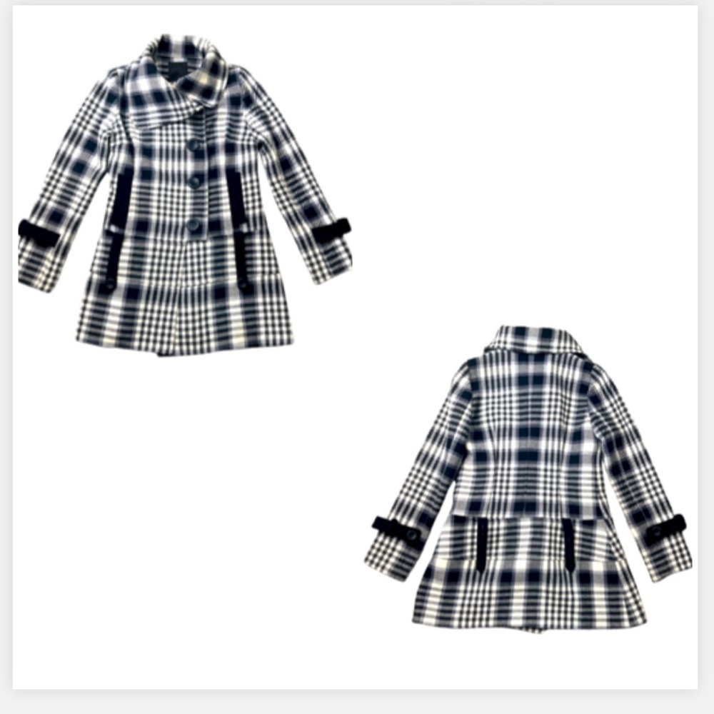 Women’s  Liquid Plaid Black Gray White Striped‎ PeaCoat Peplum Wool size 4 small